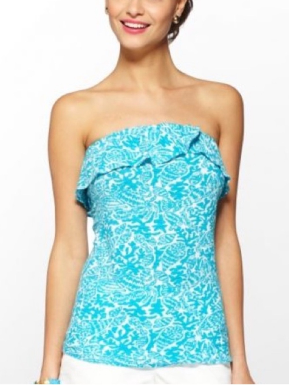 Lilly Pulitzer Wakely Ruffle Strapless Top in Turquoise Mini Party Favors Print